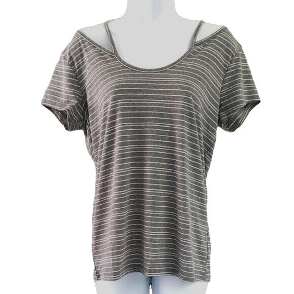 Poof Womens Short Sleeve Top Grey Striped Medium Loose Cold Shoulder NEW